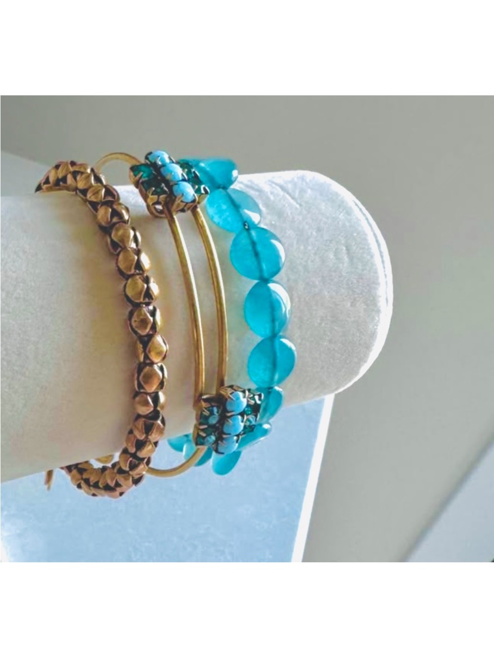 Alex and Ani Gold and Teal Stackable Bracelet Set